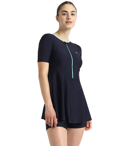 Women's Endurance10 Closedback Sleeved Swimdress With Boyleg - True Navy & Arctic Glass