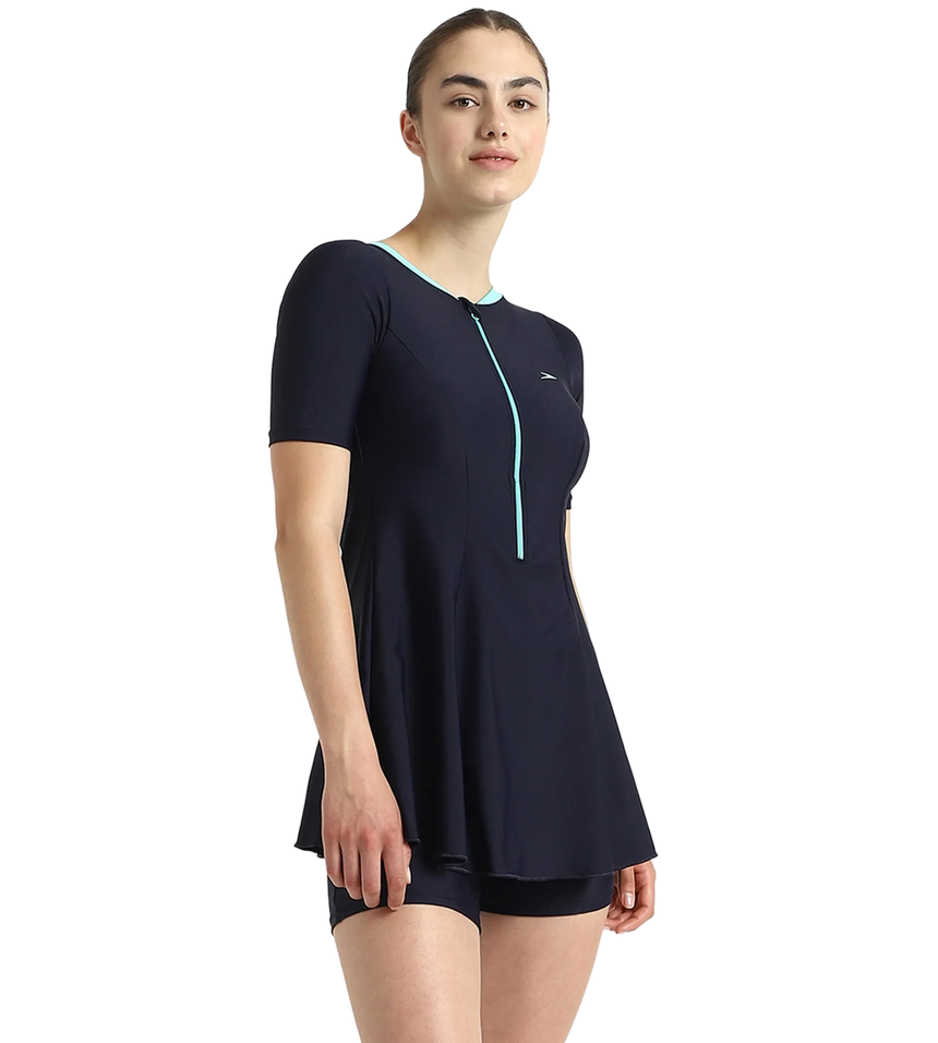 Women's Endurance10 Closedback Sleeved Swimdress With Boyleg - True Navy & Arctic Glass