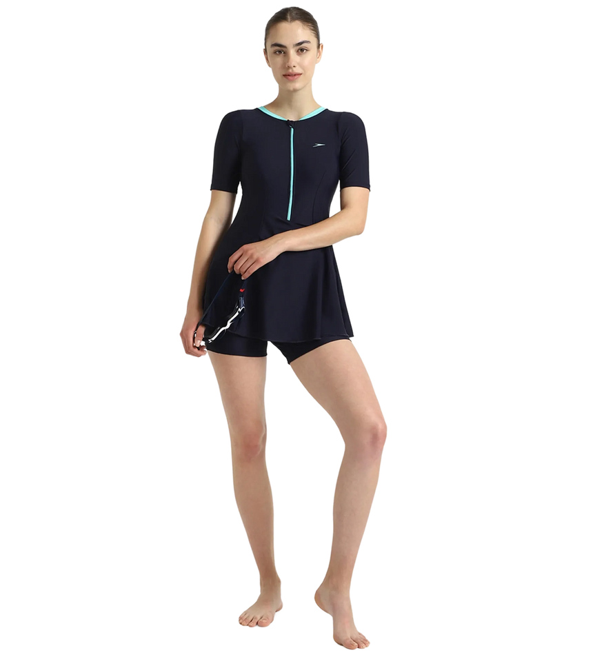 Women's Endurance10 Closedback Sleeved Swimdress With Boyleg - True Navy & Arctic Glass