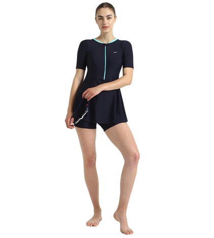 Women's Endurance10 Closedback Sleeved Swimdress With Boyleg - True Navy & Arctic Glass