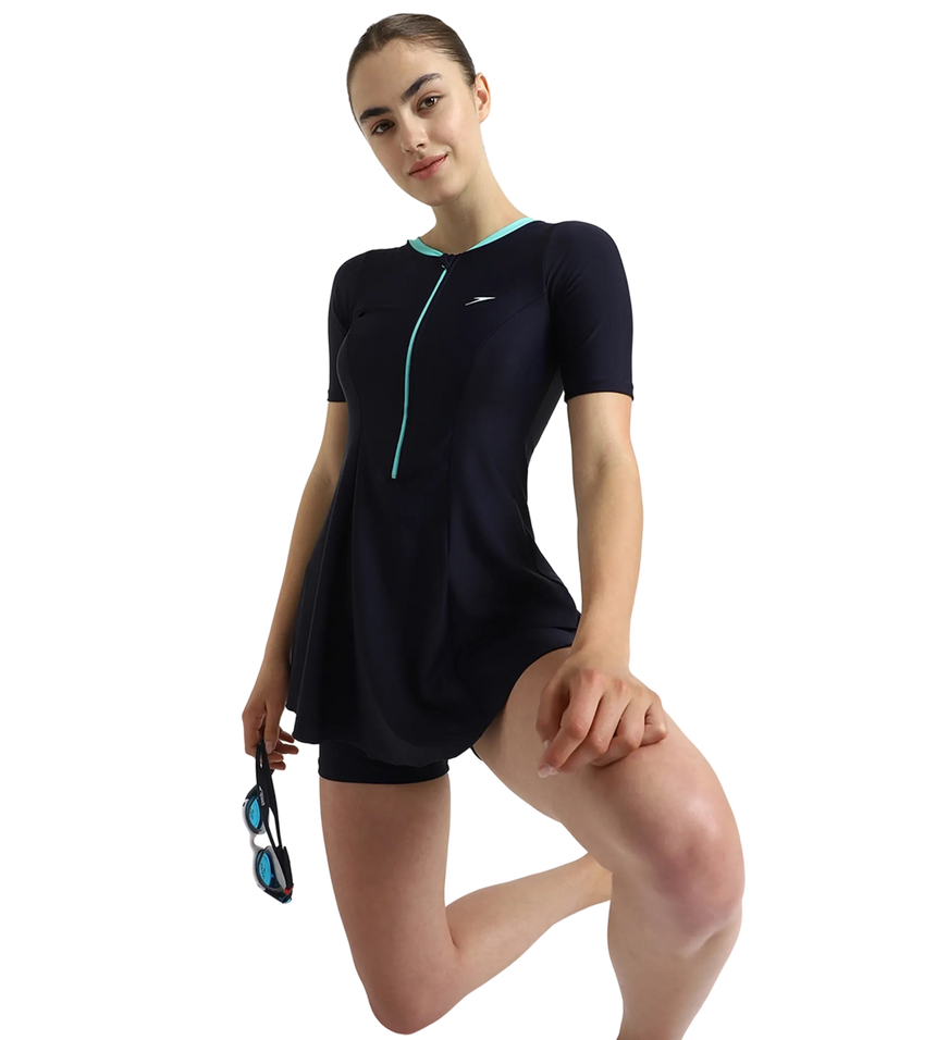 Women's Endurance10 Closedback Sleeved Swimdress With Boyleg - True Navy & Arctic Glass