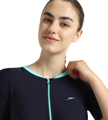 Women's Endurance10 Closedback Sleeved Swimdress With Boyleg - True Navy & Arctic Glass