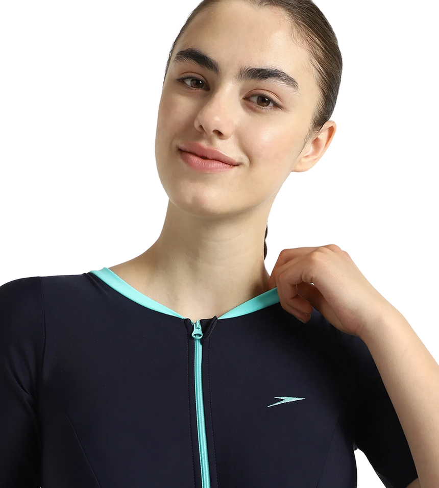 Women's Endurance10 Closedback Sleeved Swimdress With Boyleg - True Navy & Arctic Glass