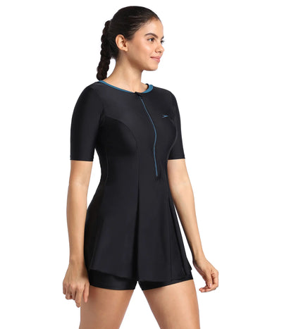 Women's Endurance10 Closedback Short Sleeve Swimdress With Boyleg - Black & Dark Teal_3