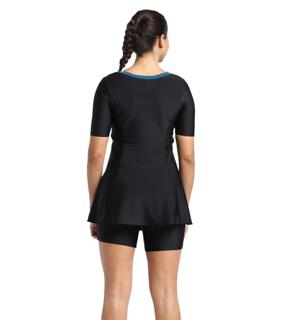 Women's Endurance10 Closedback Short Sleeve Swimdress With Boyleg - Black & Dark Teal_4