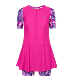 Women's Endurance10 Printed Short Sleeve Closedback Swimdress With Boyleg - Electric Pink & Tapestry