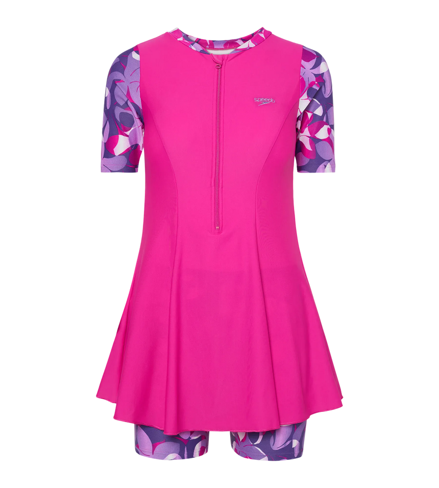 Women's Endurance10 Printed Short Sleeve Closedback Swimdress With Boyleg - Electric Pink & Tapestry