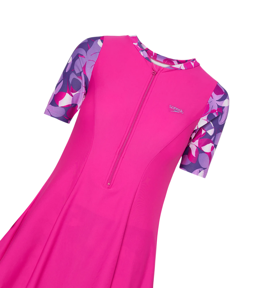 Women's Endurance10 Printed Short Sleeve Closedback Swimdress With Boyleg - Electric Pink & Tapestry