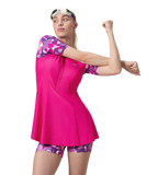 Women's Endurance10 Printed Short Sleeve Closedback Swimdress With Boyleg - Electric Pink & Tapestry