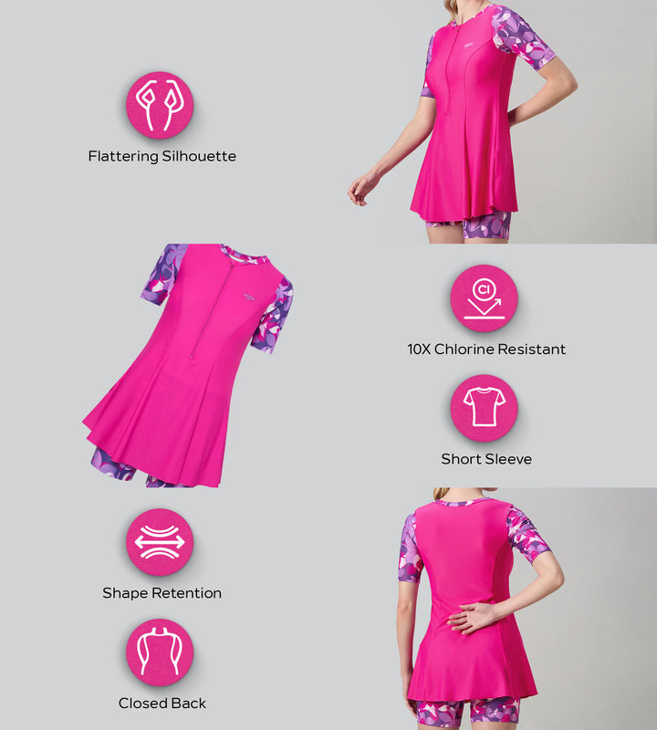 Women's Endurance10 Printed Short Sleeve Closedback Swimdress With Boyleg - Electric Pink & Tapestry