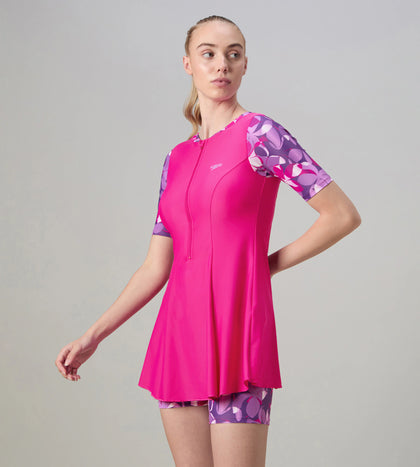 Women's Endurance10 Printed Short Sleeve Closedback Swimdress With Boyleg - Electric Pink & Tapestry