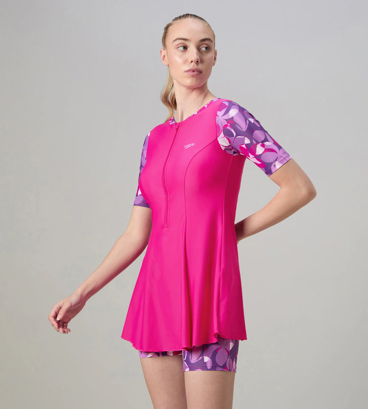 Women's Endurance10 Printed Short Sleeve Closedback Swimdress With Boyleg - Electric Pink & Tapestry