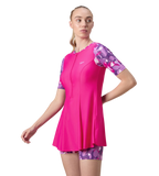 Women's Endurance10 Printed Short Sleeve Closedback Swimdress With Boyleg - Electric Pink & Tapestry