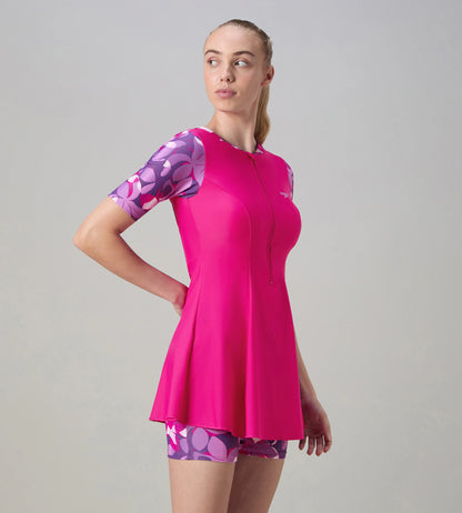 Women's Endurance10 Printed Short Sleeve Closedback Swimdress With Boyleg - Electric Pink & Tapestry