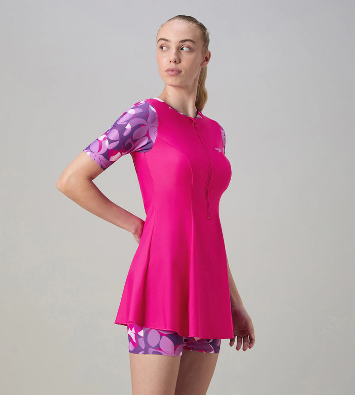 Women's Endurance10 Printed Short Sleeve Closedback Swimdress With Boyleg - Electric Pink & Tapestry