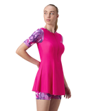 Women's Endurance10 Printed Short Sleeve Closedback Swimdress With Boyleg - Electric Pink & Tapestry
