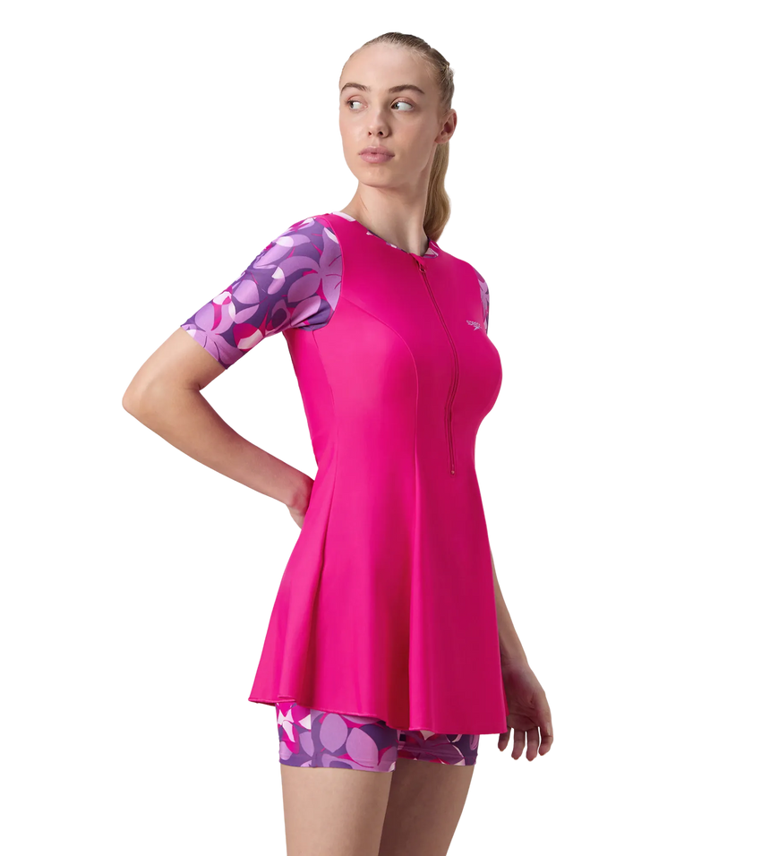 Women's Endurance10 Printed Short Sleeve Closedback Swimdress With Boyleg - Electric Pink & Tapestry