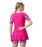 Women's Endurance10 Printed Short Sleeve Closedback Swimdress With Boyleg - Electric Pink & Tapestry