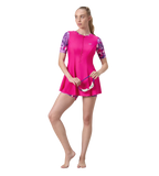 Women's Endurance10 Printed Short Sleeve Closedback Swimdress With Boyleg - Electric Pink & Tapestry