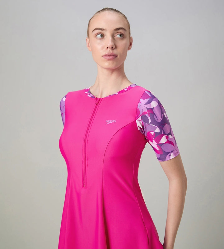 Women's Endurance10 Printed Short Sleeve Closedback Swimdress With Boyleg - Electric Pink & Tapestry