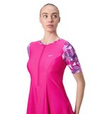Women's Endurance10 Printed Short Sleeve Closedback Swimdress With Boyleg - Electric Pink & Tapestry