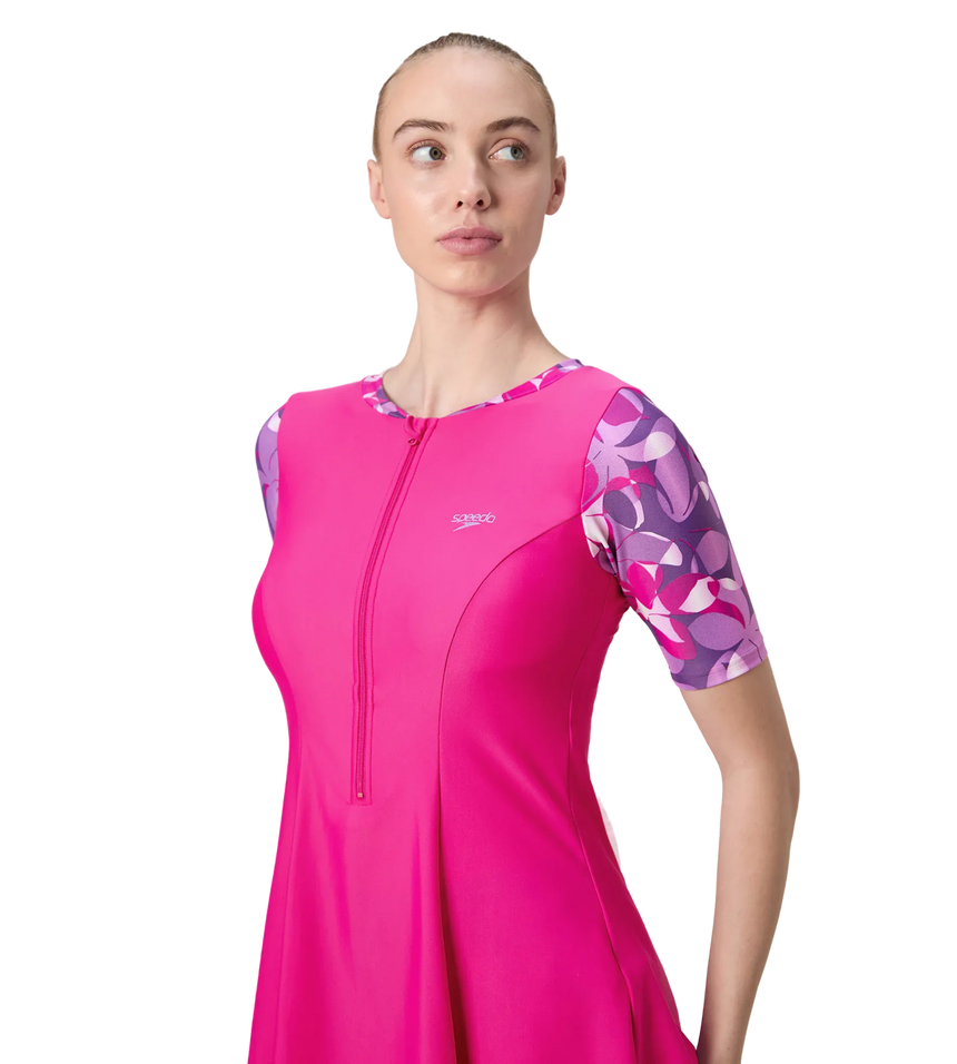 Women's Endurance10 Printed Short Sleeve Closedback Swimdress With Boyleg - Electric Pink & Tapestry