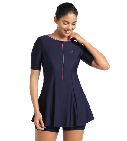 Women's Endurance10 Closedback Short Sleeve Swimdress With Boyleg - True Navy & Hotmauve_1