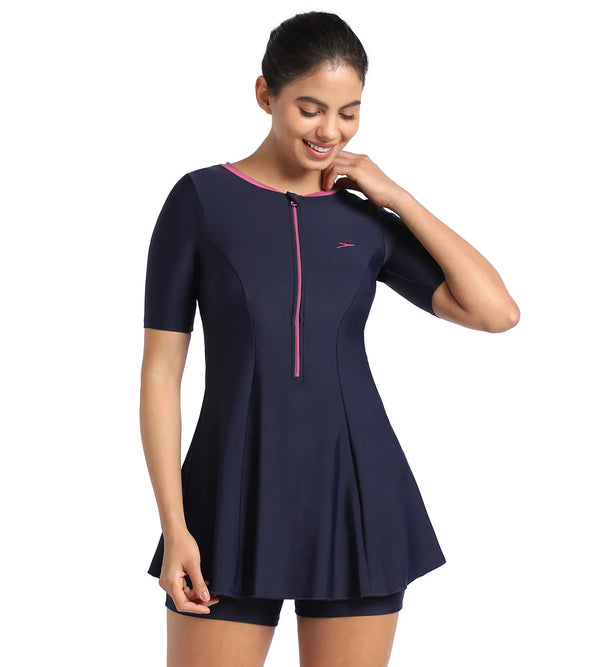 Women's Endurance10 Closedback Short Sleeve Swimdress With Boyleg - True Navy & Hotmauve_1