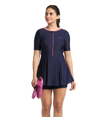 Women's Endurance10 Closedback Short Sleeve Swimdress With Boyleg - True Navy & Hotmauve_6