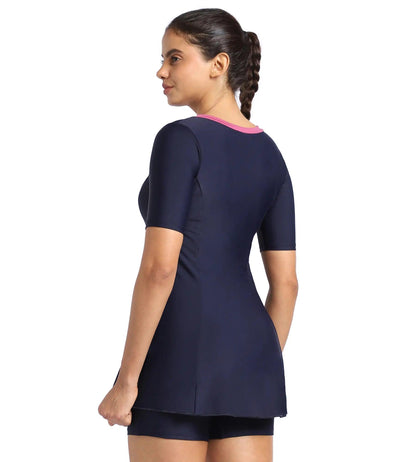 Women's Endurance10 Closedback Short Sleeve Swimdress With Boyleg - True Navy & Hotmauve_4