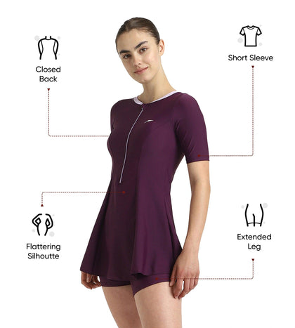 Women's Enduraflex Closedback Sleeved Swimdress With Boyleg - Plum Dandy & Lilac Breeze