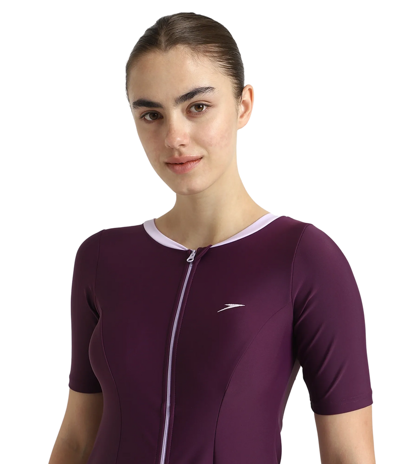 Women's Enduraflex Closedback Sleeved Swimdress With Boyleg - Plum Dandy & Lilac Breeze