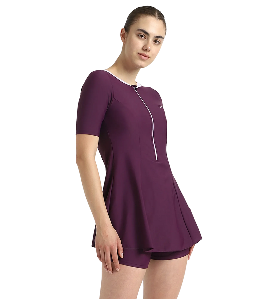 Women's Enduraflex Closedback Sleeved Swimdress With Boyleg - Plum Dandy & Lilac Breeze