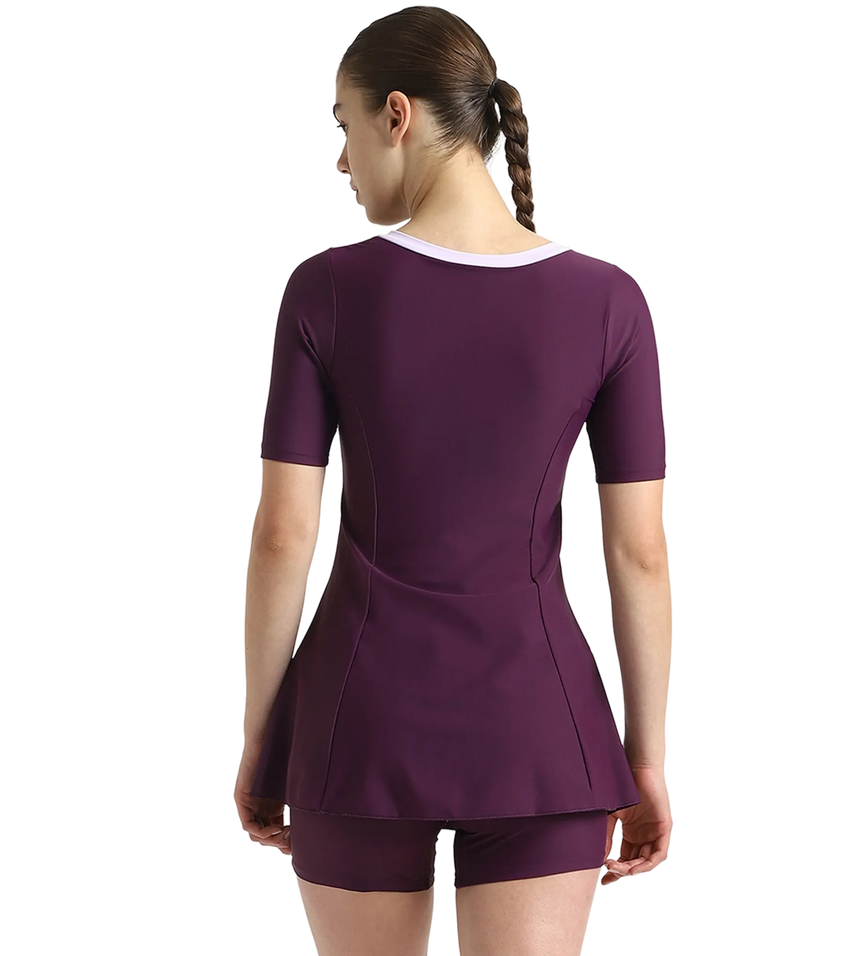 Women's Enduraflex Closedback Sleeved Swimdress With Boyleg - Plum Dandy & Lilac Breeze