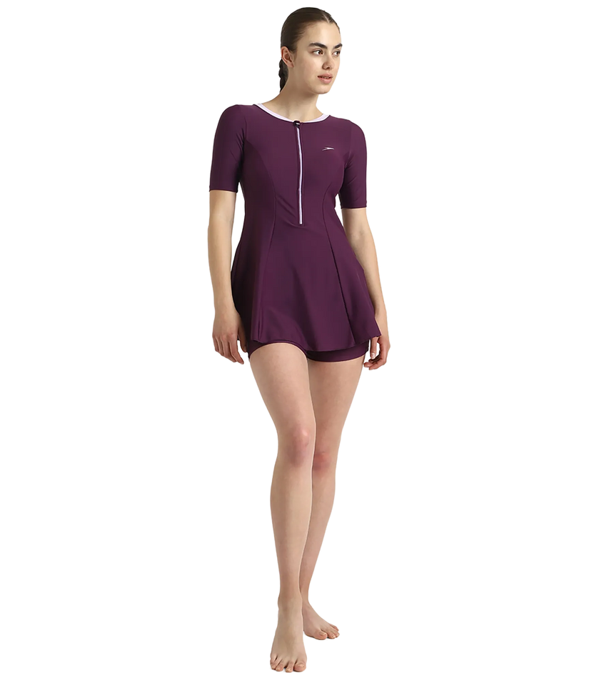 Women's Enduraflex Closedback Sleeved Swimdress With Boyleg - Plum Dandy & Lilac Breeze
