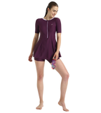 Women's Enduraflex Closedback Sleeved Swimdress With Boyleg - Plum Dandy & Lilac Breeze