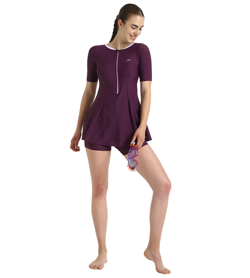 Women's Enduraflex Closedback Sleeved Swimdress With Boyleg - Plum Dandy & Lilac Breeze
