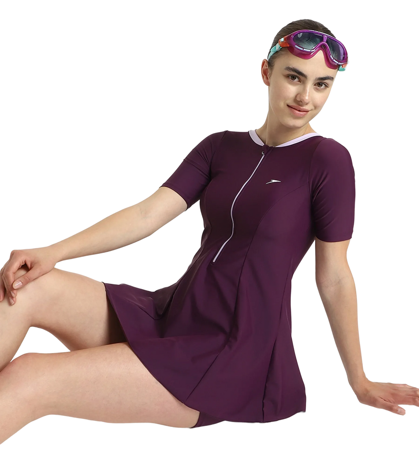 Women's Enduraflex Closedback Sleeved Swimdress With Boyleg - Plum Dandy & Lilac Breeze