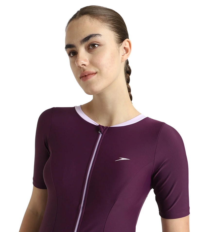 Women's Enduraflex Closedback Sleeved Swimdress With Boyleg - Plum Dandy & Lilac Breeze