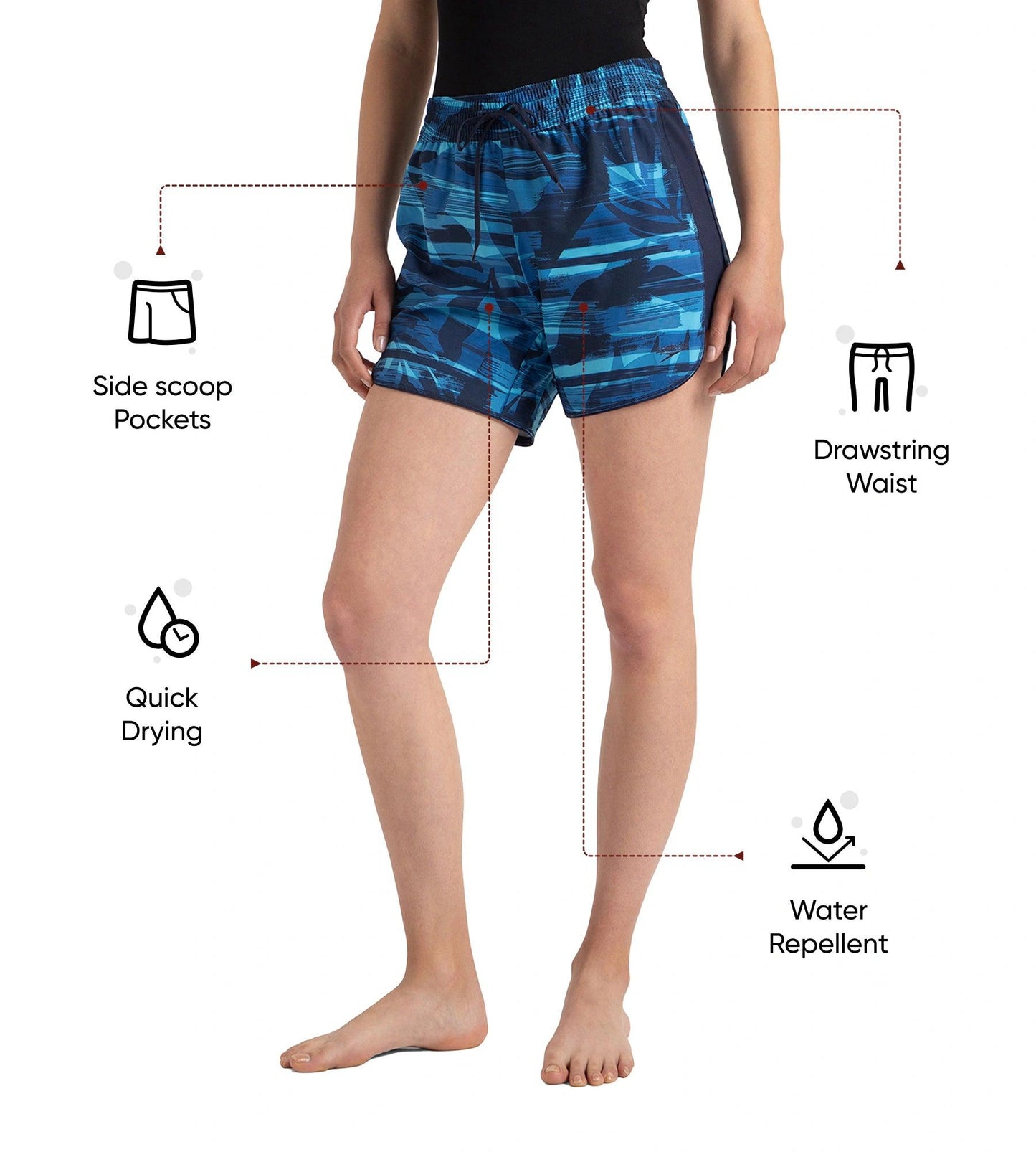 Women's 4 Way Flex Essential Printed Watershorts With Side Pockets - Peacoat, Cerulean Blue & Picton Blue