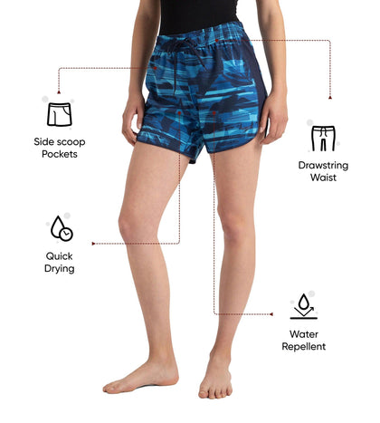 Women's 4 Way Flex Essential Printed Watershorts With Side Pockets - Peacoat, Cerulean Blue & Picton Blue
