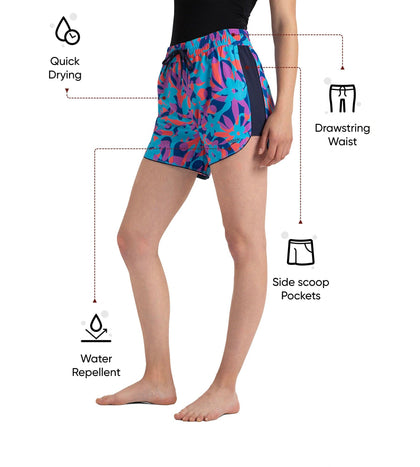 Women's 4 Way Comfort Stretch Leisure Printed Watershorts With Side Pockets - Turkish Sea, Picton Blue & Coral Sands