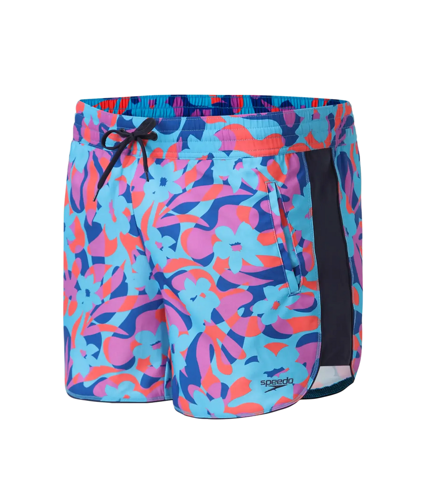Women's 4 Way Comfort Stretch Leisure Printed Watershorts With Side Pockets - Turkish Sea, Picton Blue & Coral Sands