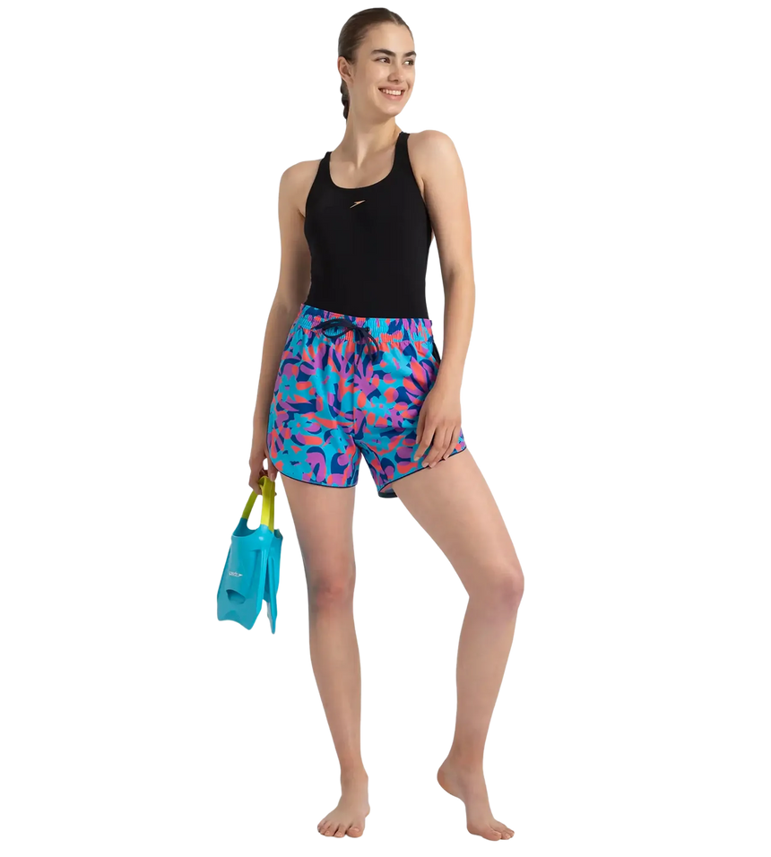 Women's 4 Way Comfort Stretch Leisure Printed Watershorts With Side Pockets - Turkish Sea, Picton Blue & Coral Sands