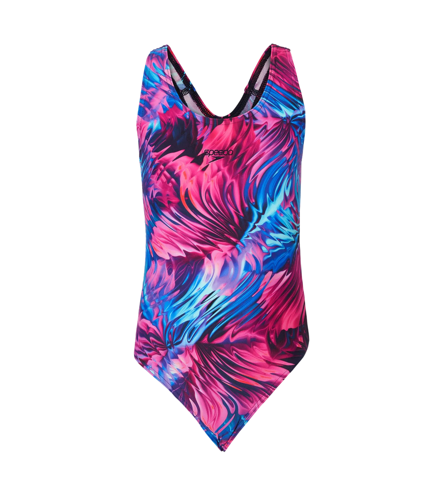 Girl's Endurance10 Hyperboom Printed Racerback V-Cut One Piece Swimsuit - Peacoat, Margarita Pink & True Navy