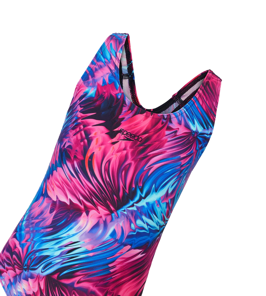 Girl's Endurance10 Hyperboom Printed Racerback V-Cut One Piece Swimsuit - Peacoat, Margarita Pink & True Navy
