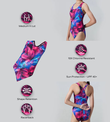 Girl's Endurance10 Hyperboom Printed Racerback V-Cut One Piece Swimsuit - Peacoat, Margarita Pink & True Navy