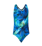 Girl's Endurance10 Hyperboom Printed Racerback V-Cut One Piece Swimsuit - Anthracite, Deep Saffire & Black