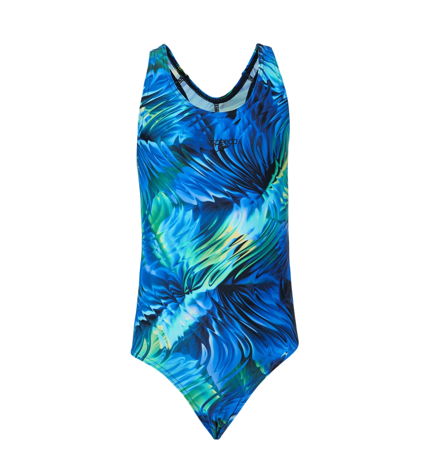 Girl's Endurance10 Hyperboom Printed Racerback V-Cut One Piece Swimsuit - Anthracite, Deep Saffire & Black