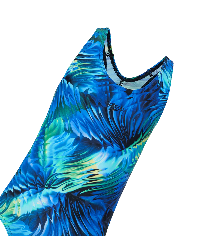 Girl's Endurance10 Hyperboom Printed Racerback V-Cut One Piece Swimsuit - Anthracite, Deep Saffire & Black